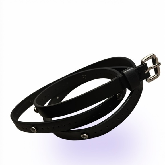 Vintage black silver buckle Studded slim faux leather belt Sz S - Picture 13 of 13